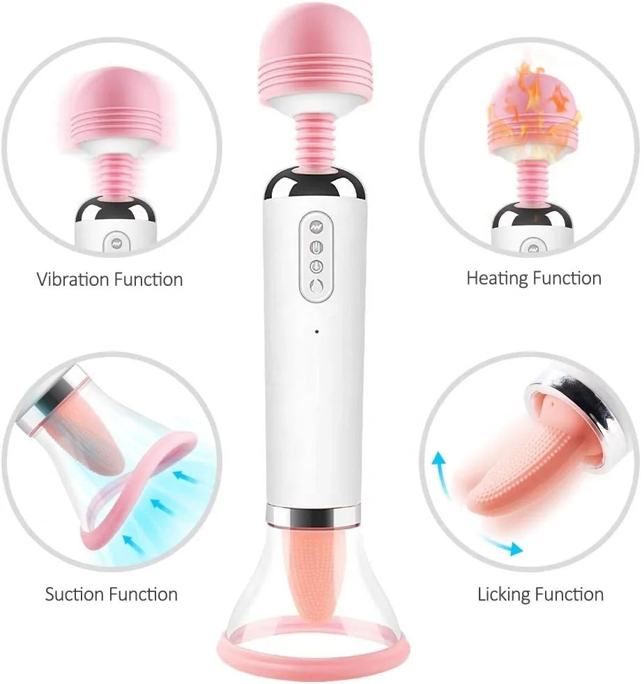 Wand Vibrator Massager, Clit Licker and Clitoral Licking Toy 3-in-1 G-Spot, Clit Suction Function, Sucking Heating, Female Vibration Clitoris Orgasm Nipple Sucker Tongue Licking, Oral Sex Toy