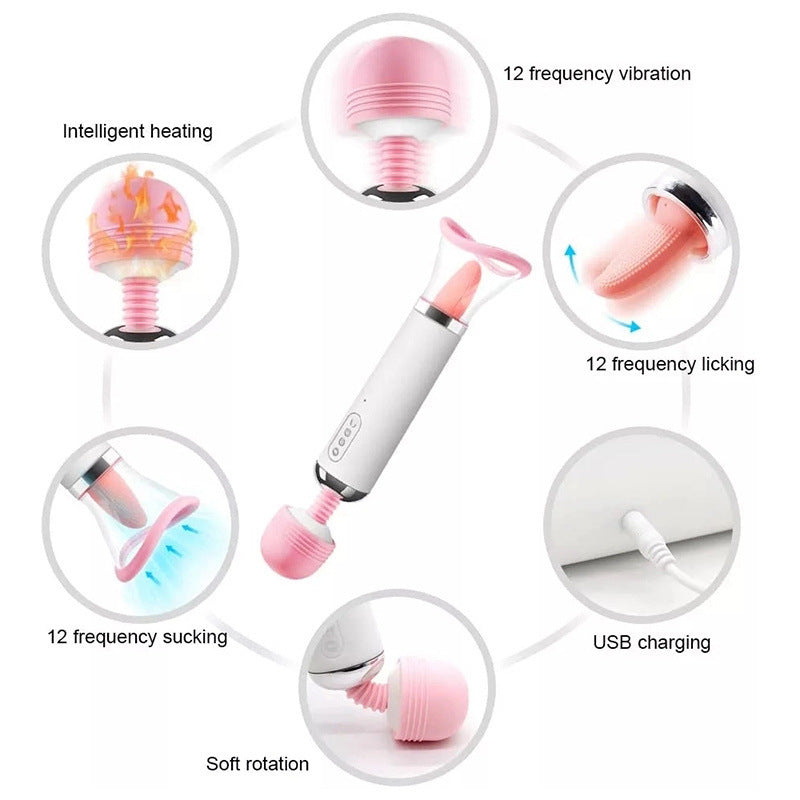 Wand Vibrator Massager, Clit Licker and Clitoral Licking Toy 3-in-1 G-Spot, Clit Suction Function, Sucking Heating, Female Vibration Clitoris Orgasm Nipple Sucker Tongue Licking, Oral Sex Toy
