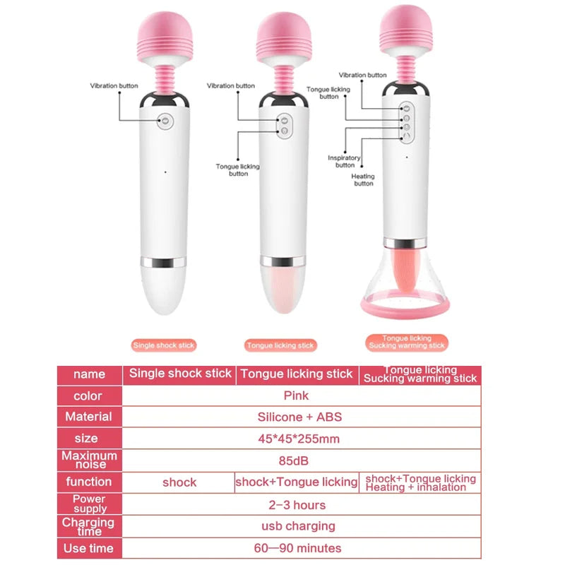 Wand Vibrator Massager, Clit Licker and Clitoral Licking Toy 3-in-1 G-Spot, Clit Suction Function, Sucking Heating, Female Vibration Clitoris Orgasm Nipple Sucker Tongue Licking, Oral Sex Toy