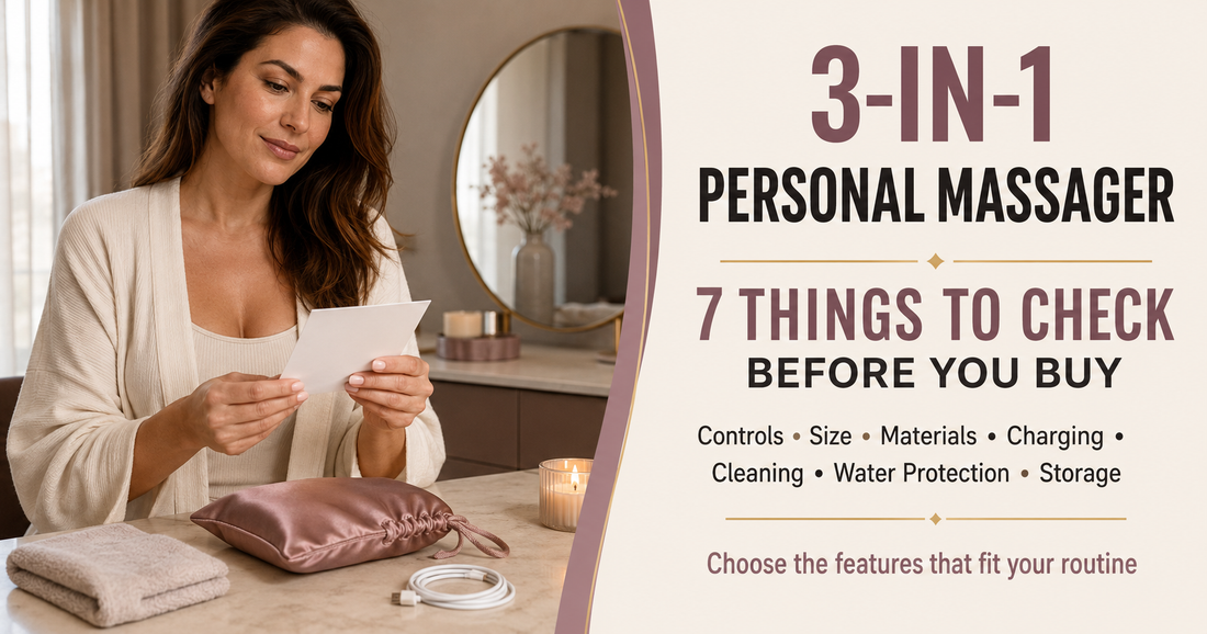 Woman comparing features before buying a rechargeable 3-in-1 personal massager for private self-care