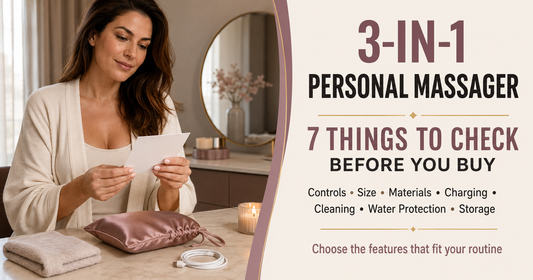 Woman comparing features before buying a rechargeable 3-in-1 personal massager for private self-care