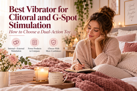 Woman researching how to choose a dual action vibrator for clitoral and G spot stimulation