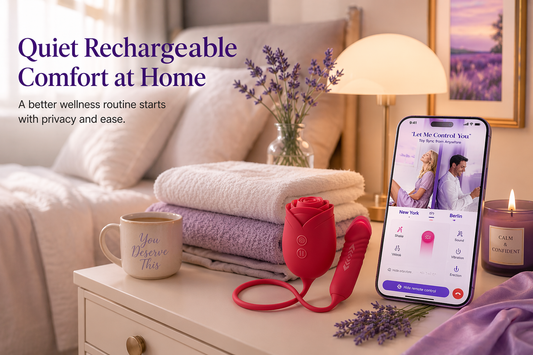Quiet rechargeable rose style personal massager in a premium feminine self care setting for a wellness routine blog header