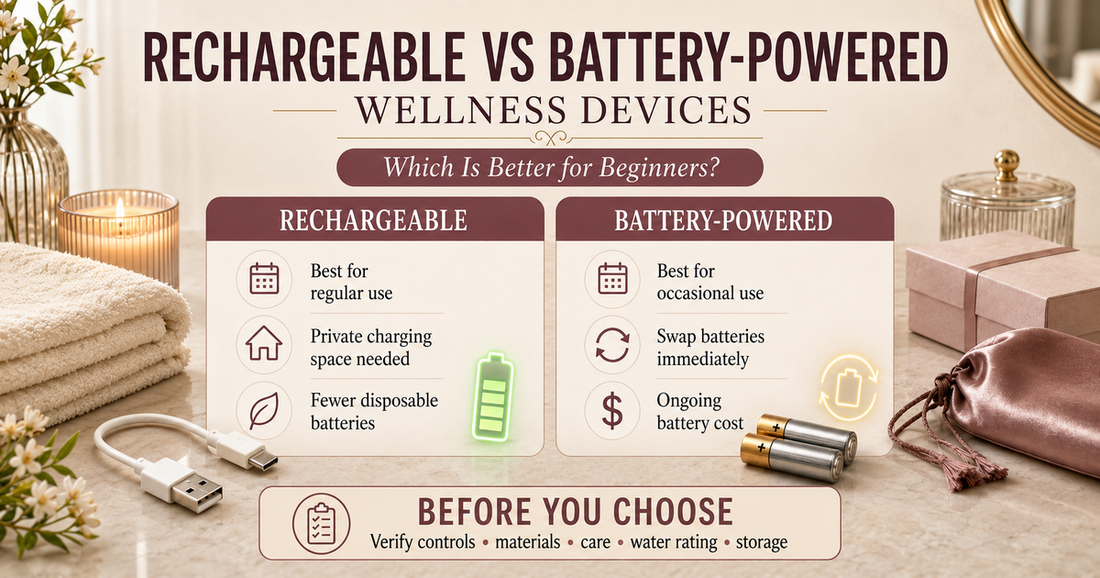 Woman relaxing in a private self-care setting for a rechargeable versus battery-powered wellness device guide