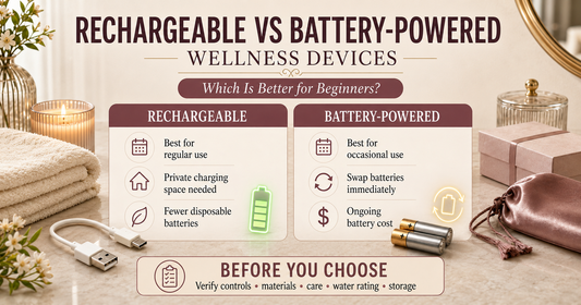 Woman relaxing in a private self-care setting for a rechargeable versus battery-powered wellness device guide