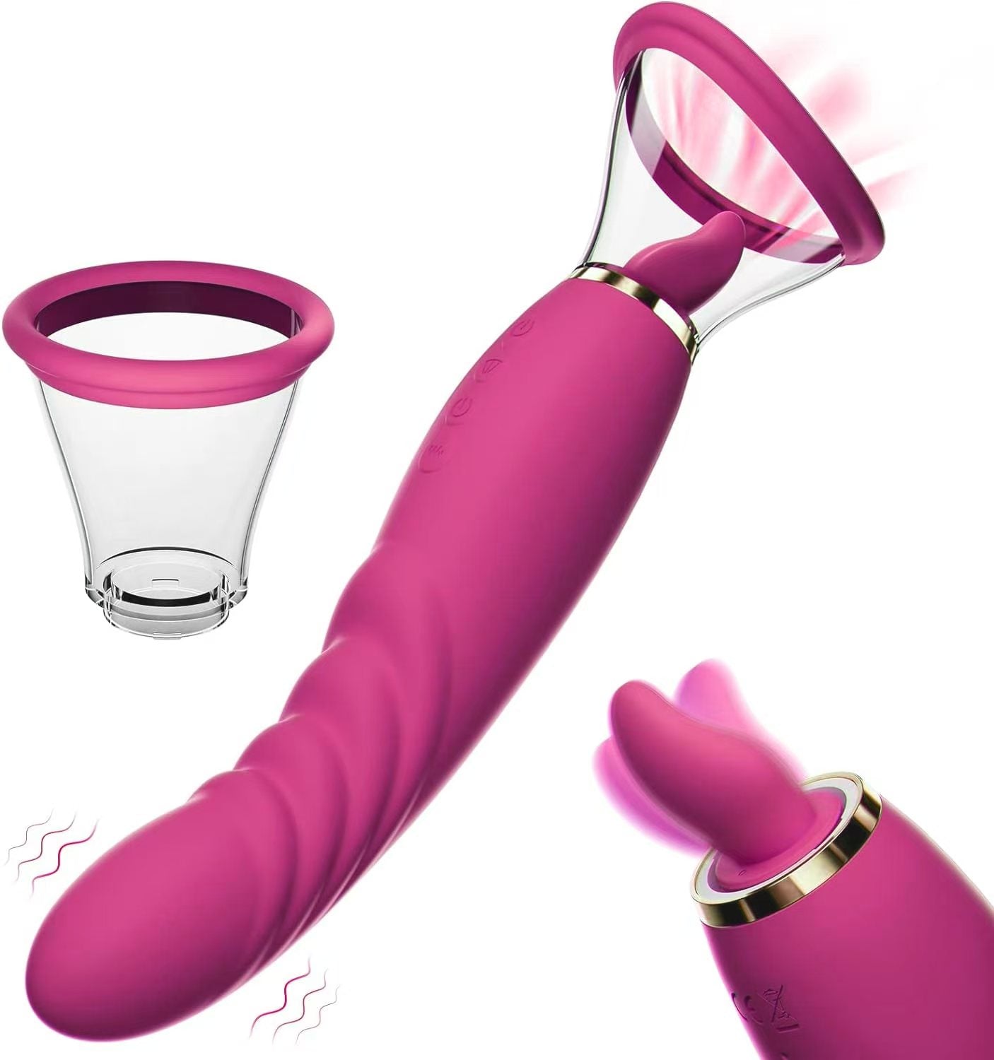 3-in-1 sex toy with tongue vibrator, clit sucker, and suction vibrator functions in pink silicone