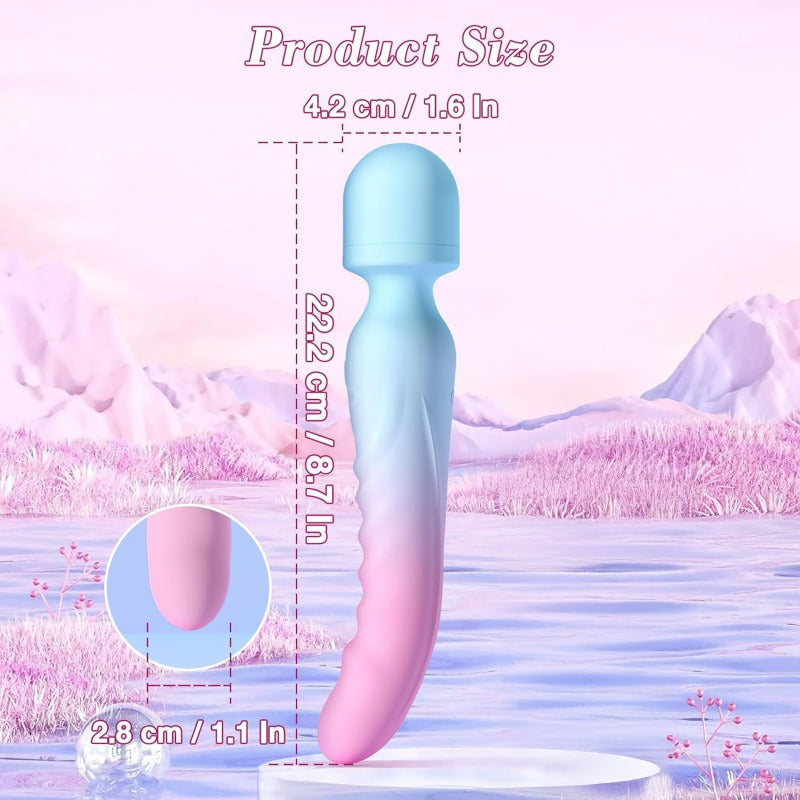 Pink and blue handheld massager with measurements on a soft, blurred background