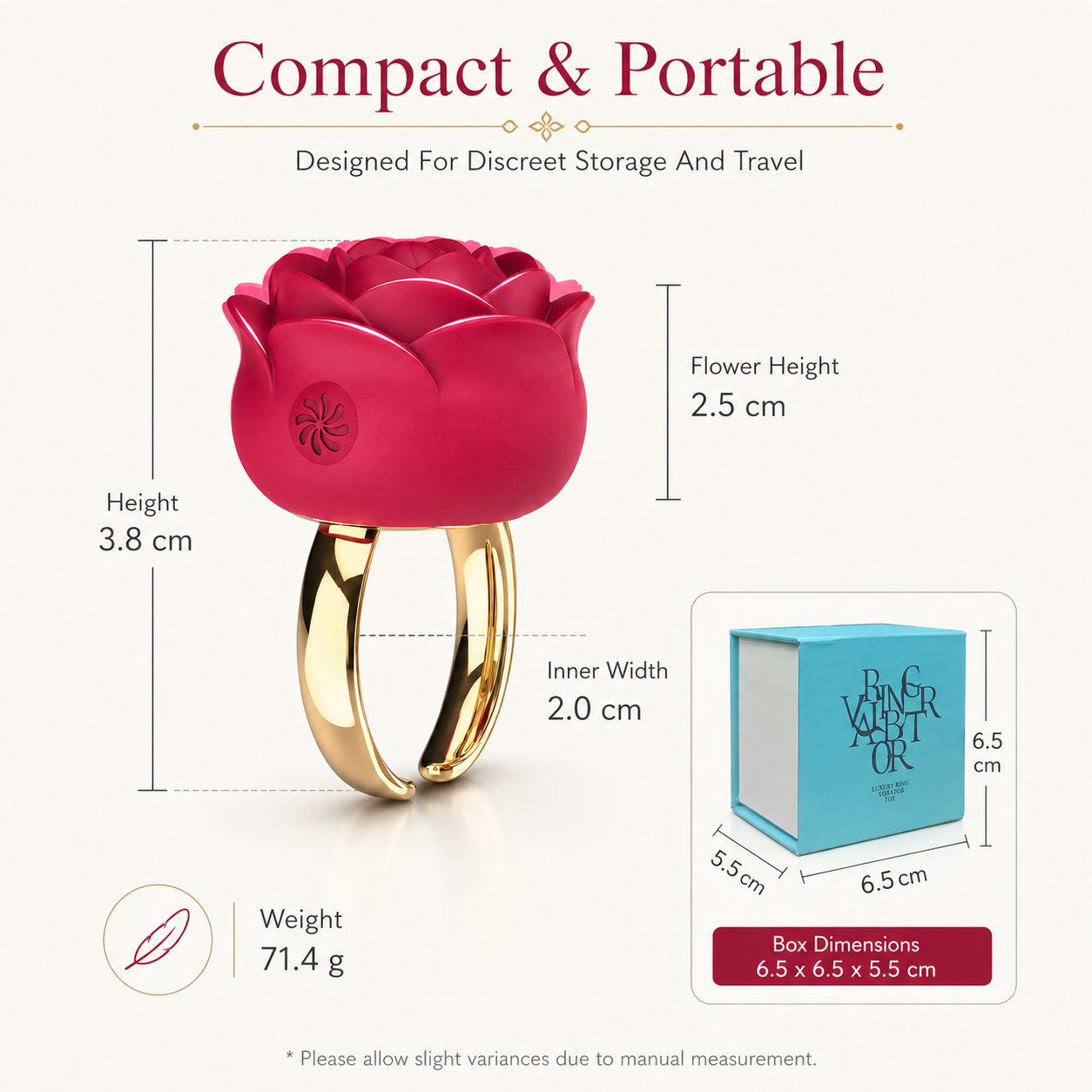 A pink rose-shaped ring with a gold band, shown with dimension labels and a box size graphic on a light beige background. Text reads 'Compact & Portable' and includes measurements for flower height, ring height, inner width, weight, and box dimensions.