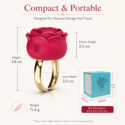 A pink rose-shaped ring with a gold band, shown with dimension labels and a box size graphic on a light beige background. Text reads 'Compact & Portable' and includes measurements for flower height, ring height, inner width, weight, and box dimensions.