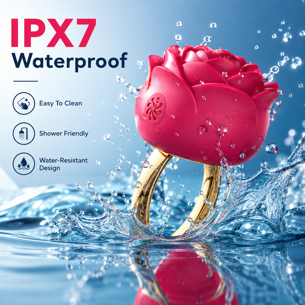 A pink rose-shaped waterproof ring with a gold band, shown in a water-splash scene with text reading 'IPX7 Waterproof' and feature callouts on a blue background.
