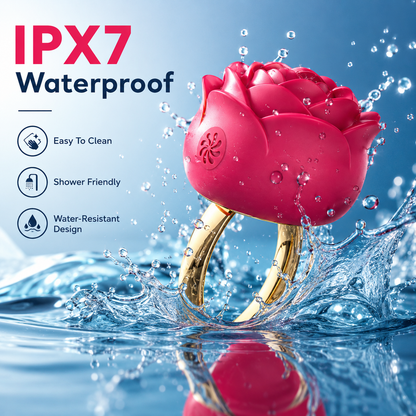 A pink rose-shaped waterproof ring with a gold band, shown in a water-splash scene with text reading 'IPX7 Waterproof' and feature callouts on a blue background.
