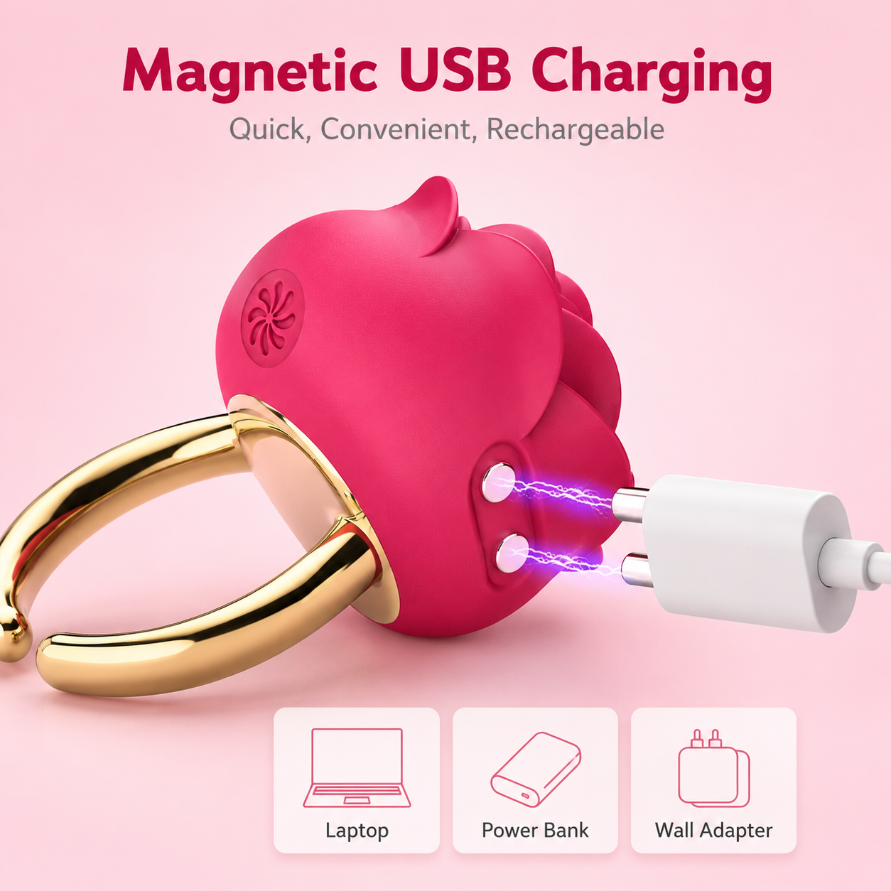 A pink and gold wearable ring-style charging device shown plugged into a white USB charger on a light pink background, with text reading 'Magnetic USB Charging' and three small icons below for Laptop, Power Bank, and Wall Adapter.