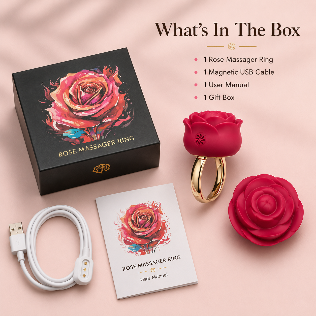 Rose-shaped magnetic USB ring massager set with a black gift box, white USB cable, user manual, and the ring itself on a soft pink background. Text at the top reads 'What's In The Box' listing the included items.