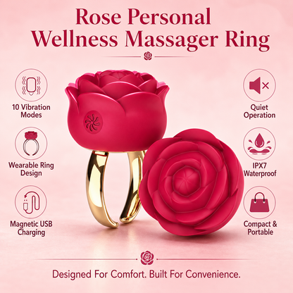 Rose-shaped personal wellness massager ring in bright pink with a gold band, shown on a soft pink background with feature icons and text including vibration modes, quiet operation, waterproof, USB charging, and portability.