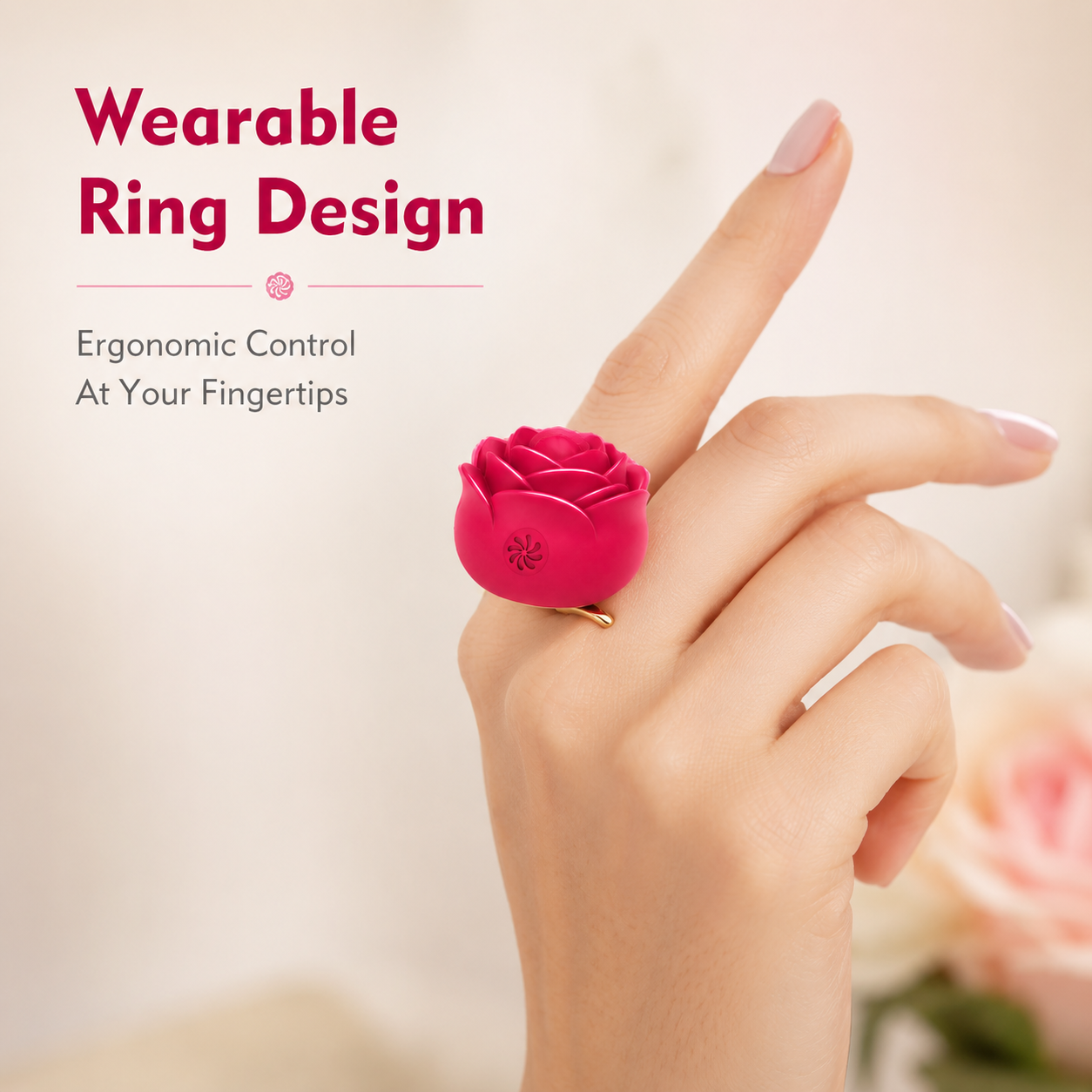 A hand wearing a bright pink wearable ring shaped like a rose, with marketing text on the left reading 'Wearable Ring Design' and 'Ergonomic Control At Your Fingtips'.