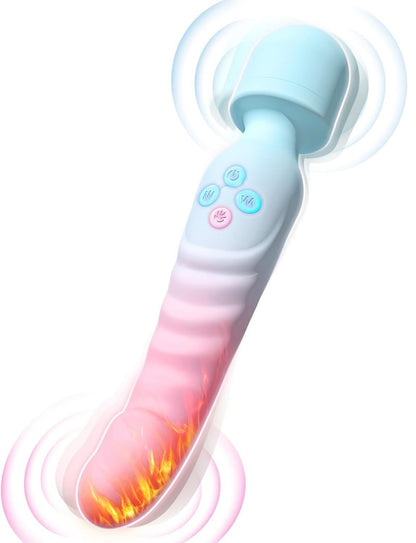 A light blue and pink personal massager with a textured wand handle, featuring four control buttons, shown with graphic vibration and heat effect overlays on a white background.